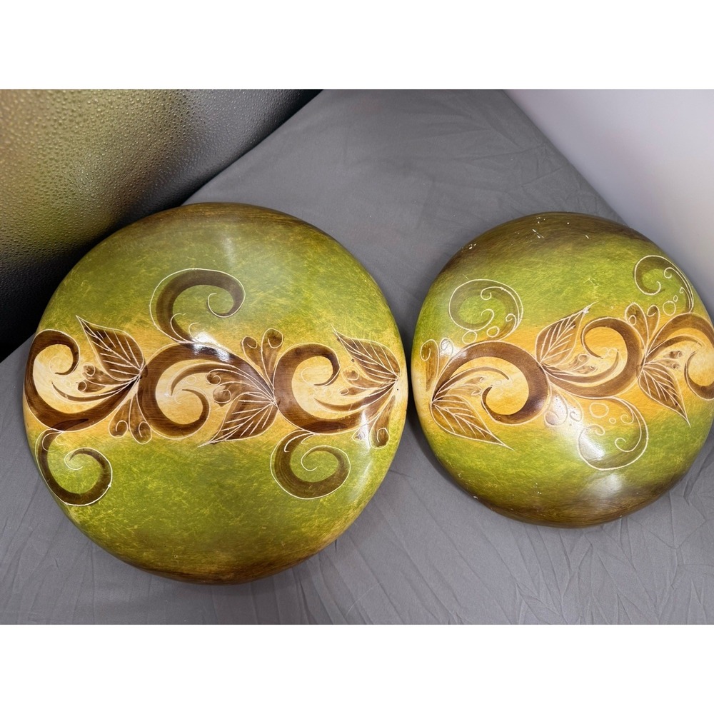 Hand Painted Decorative Art Buttons Set of 2 Green & Gold Floral Design